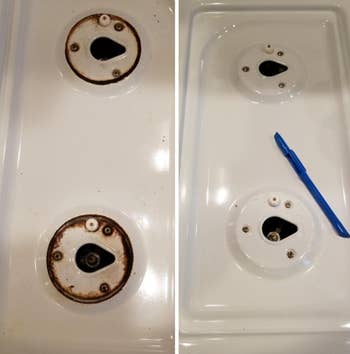 a before and after photo set displaying a reviewer's stovetop after using the scratch-free scraper tool