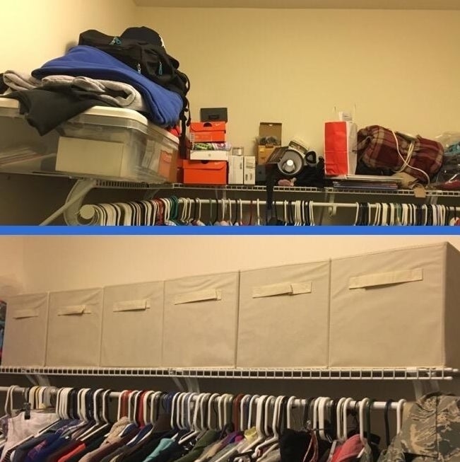 the top photo is a closet shelf with a bunch of stuff on it the bottom photo is a closet shelf with foldable storage baskets which makes it look much neater