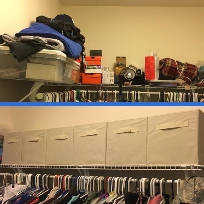 the top photo is a closet shelf with a bunch of stuff on it the bottom photo is a closet shelf with foldable storage baskets which makes it look much neater