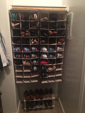 shoes neatly stacked in the hanging shoe shelf