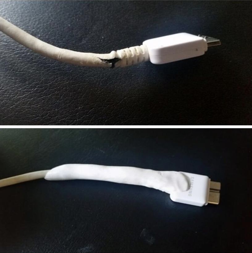 a reviewer&#x27;s before and after photos of a frayed cord fixed with the moldable glue