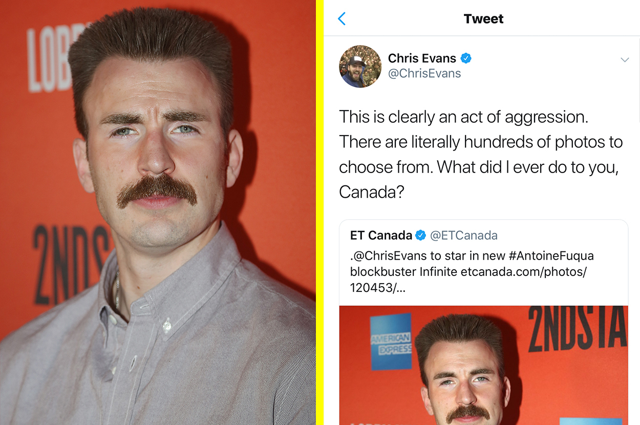 I Can T Stop Laughing At Chris Evans Reaction To This Photo Of Him With A Moustache