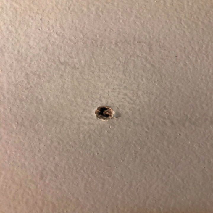 A reviewer showing a large hole in their wall