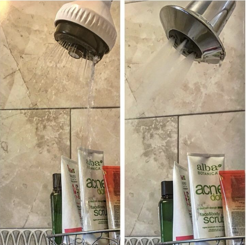 a reviewer&#x27;s before and after photos which show poor water pressure then strong water pressure with the new showerhead