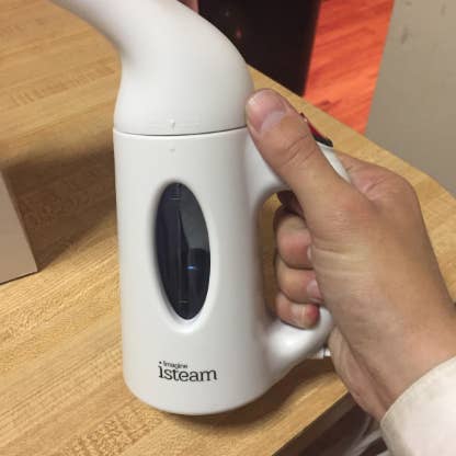 reviewer holding steamer