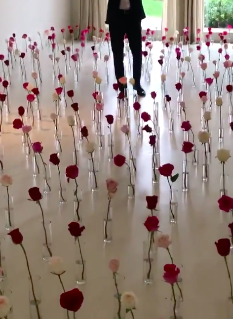 Kenny performing among dozes of single roses in individual vases on the floor