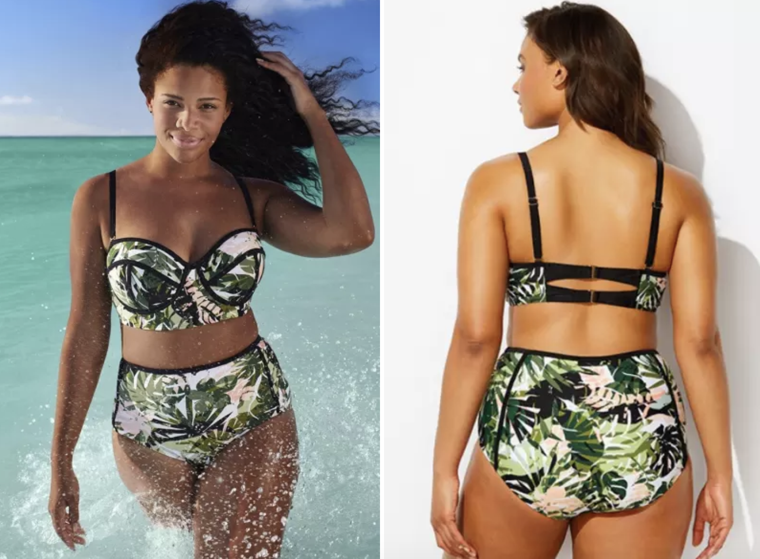 front and back view of the bikini with high-waisted bottoms and underwire bustier top in green, white, and black leaf print
