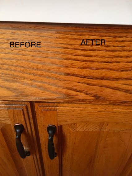 a reviewer photo of dull wood cabinets before and shining cabinets after using the product