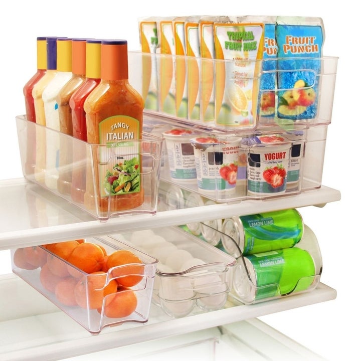 Fridge set with six different containers for perfectly holding a variety of things like drinks, dressings, eggs, and yogurts