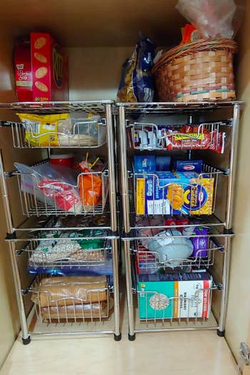 Different review photo showcasing the basket in a cabinet organizing pantry foods