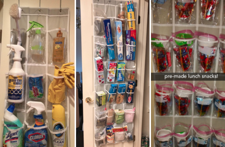 Three reviewer images showing how the shoe organizer can be used to also hold cleaning products, baggies, and snacks