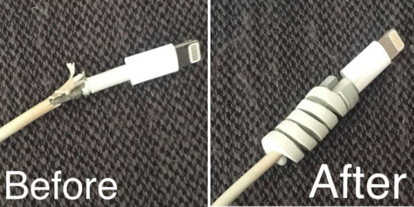 A side by side of a charging cord before and after using the protector and the protector making it usable again