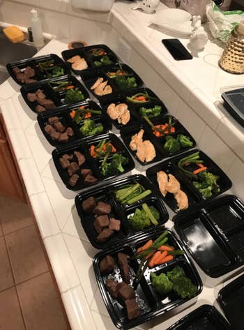 Reviewer meal prep containers with food in them