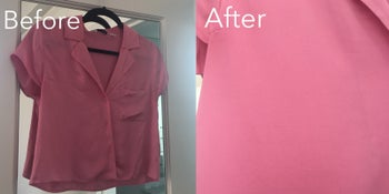 The same BuzzFeeder's shirt before and after steaming. The wrinkled shirt is completely smooth afterward