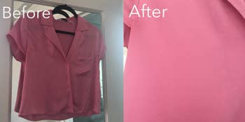 The same BuzzFeeder's shirt before and after steaming. The wrinkled shirt is completely smooth afterward