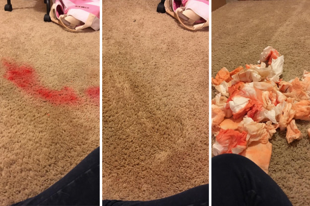 Left: a hot pink stain on a beige carpet; Middle: the same carpet, no stain in sight; Right: the pile of tissues used to blot up the stain