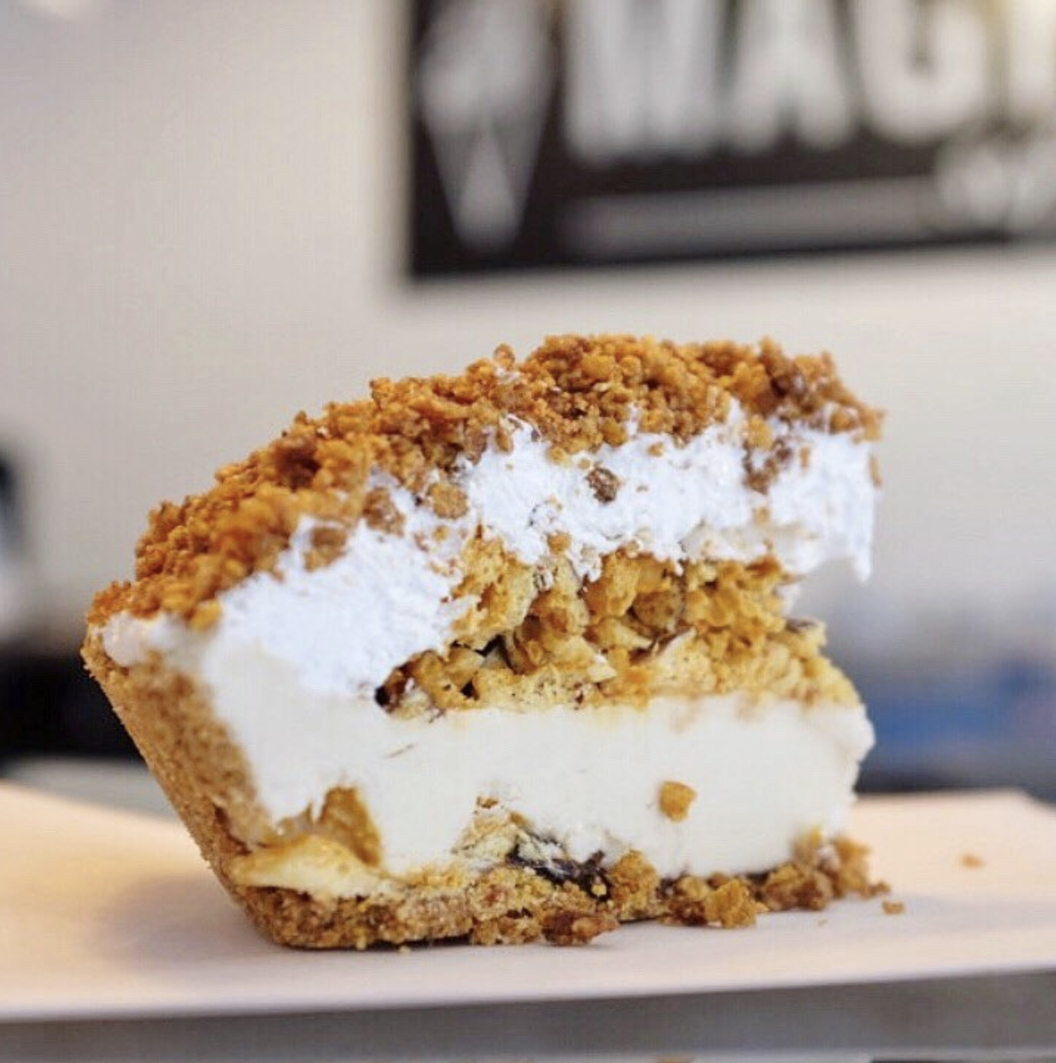 Four words: fried soft serve pie. We're talking corn almond soft serve on a Graham cracker crust topped with vegan fudge, honeycomb candy, vegan cream, and the reason we're all here — fried candied cornflakes. Located in Los Angeles