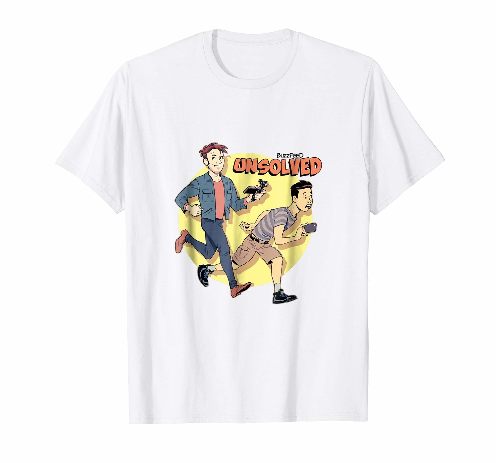 a white graphic t-shirt that reads &quot;BuzzFeed Unsolved&quot; with a graphic of the two hosts