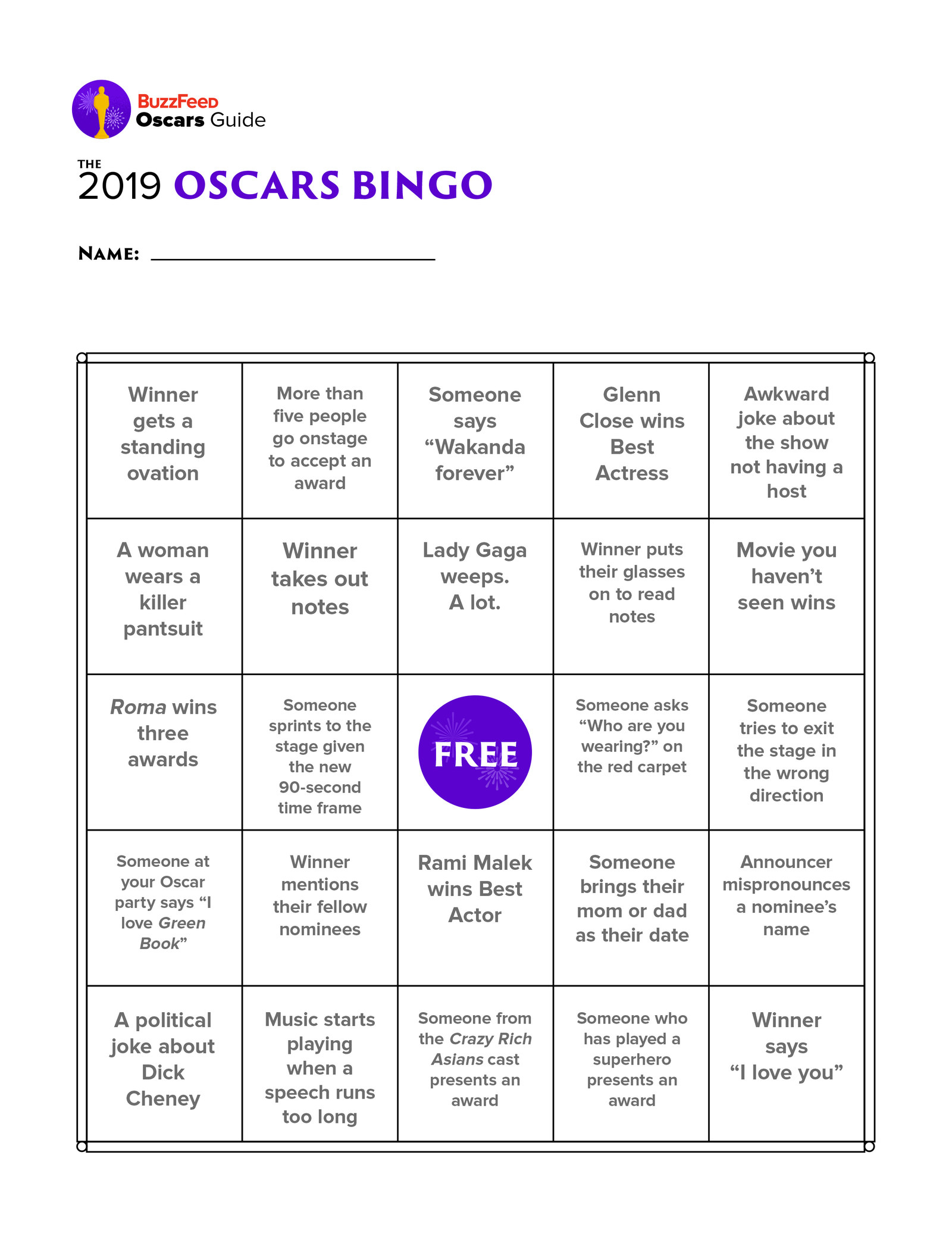 Oscars 2019: Printable Oscar Ballot And Bingo Cards