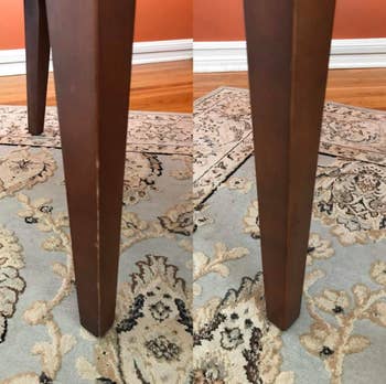 reviewer before and after of scratched furniture leg and made over furniture leg 