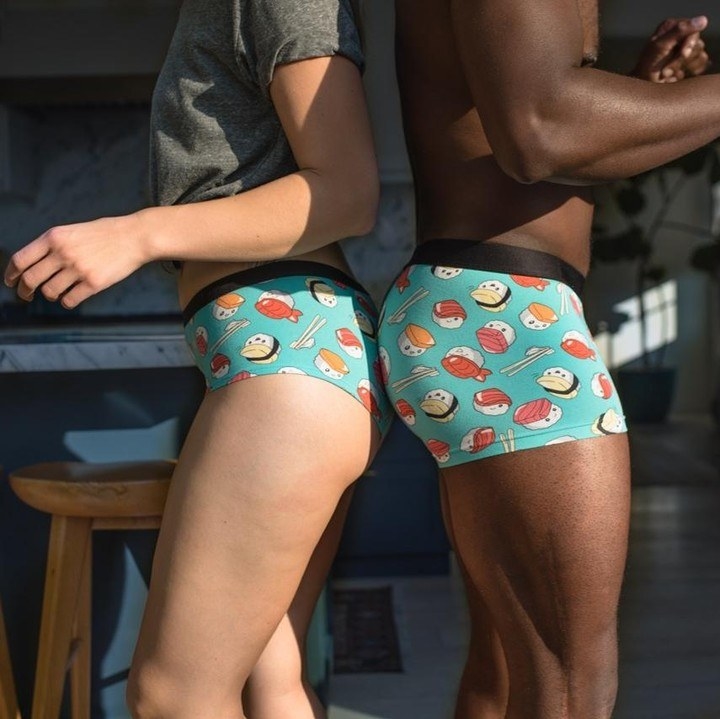 two pairs of matching underwear in longer and shorter styles touching butts