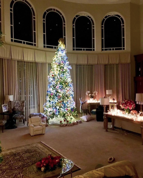 A giant carpeted living room with incredibly high ceilings that is holding a very large and lit up Christmas tree