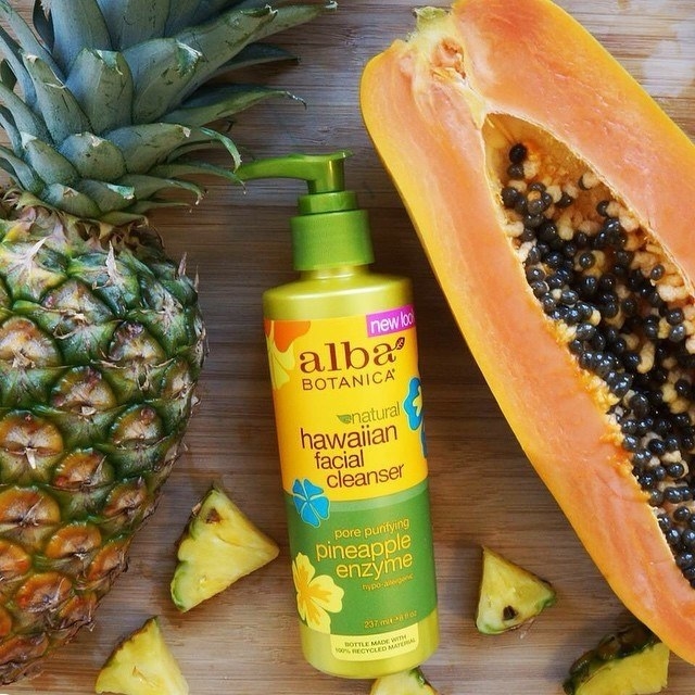 The bottle of cleanser with tropical fruits