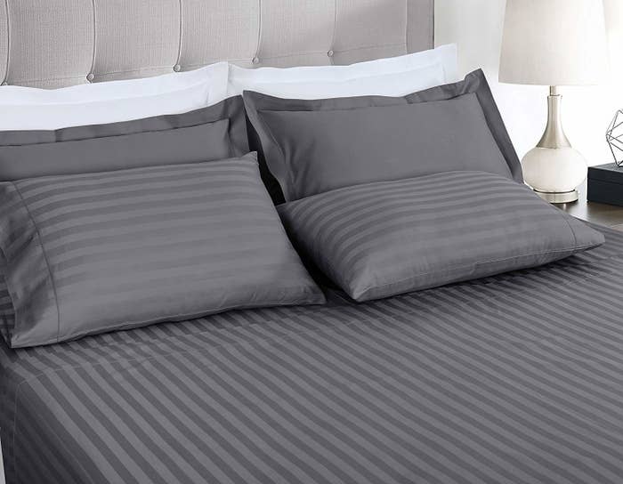 the striped sheets in gray