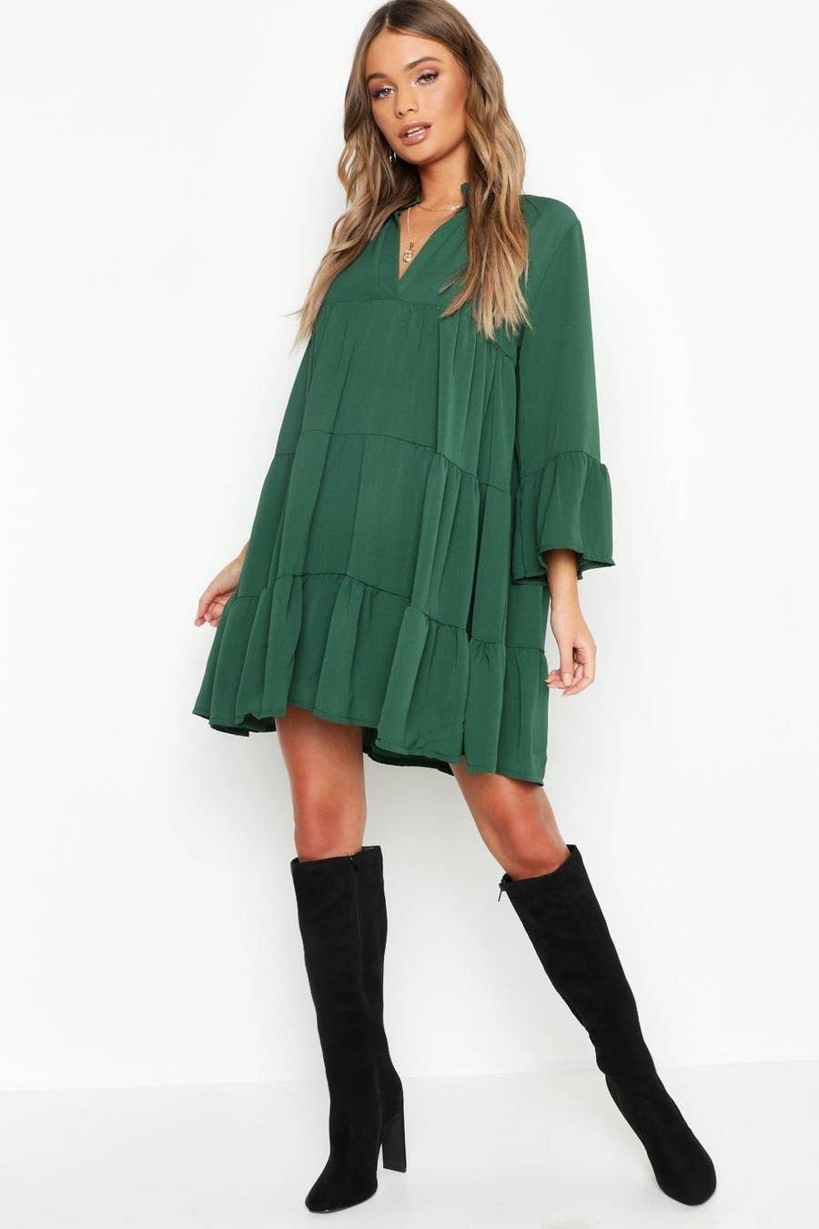 slim fit dress slacks Emerald Green Smock Tiered Frill Sleeve Mini Dress main image 0