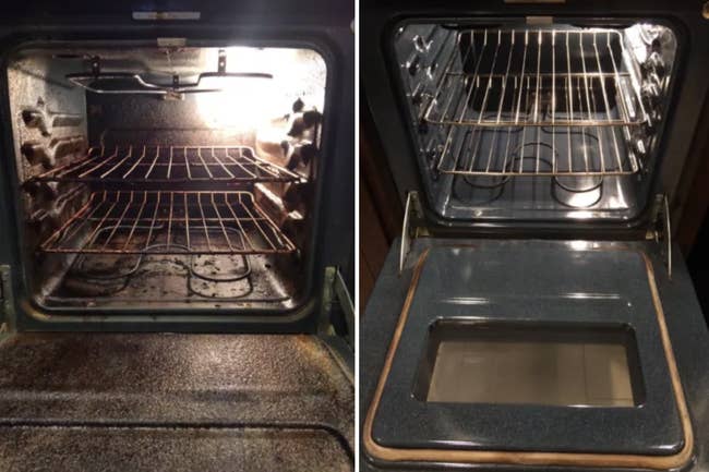 Reviewer before and after pic of a really dirty oven and then a super spotless one after using the cleaner