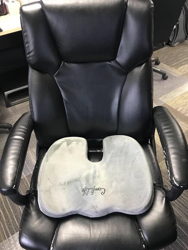 Reviewer pic of the velvet-like cushion on the seat of an office chair