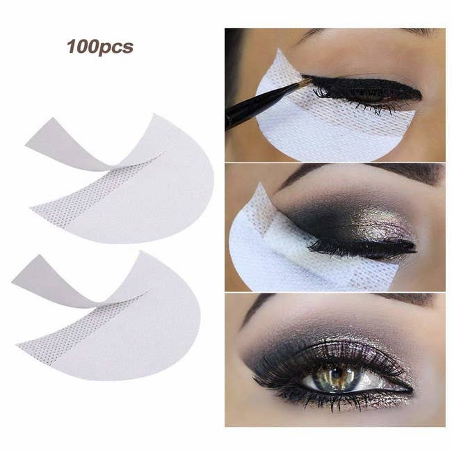 one side shows three shadow patches which are shaped like half-circles and the other side shows a model holding the patches up to her eye to apply liner