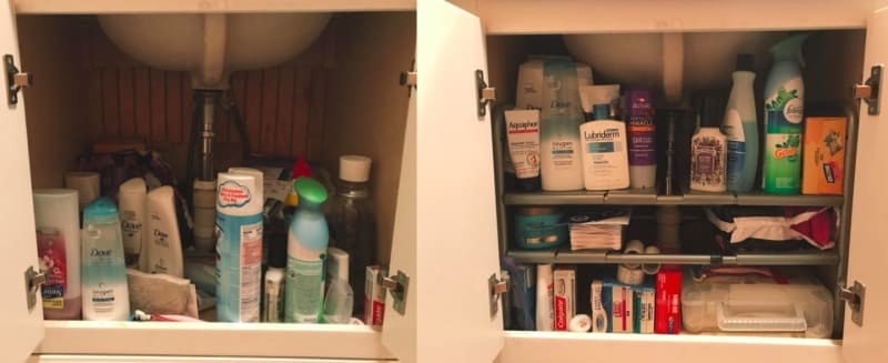 Under a reviewer&#x27;s sink before and after putting the shelf in the cabinet under the sink. On the left, disorganized supplies everywhere and on the right, the same supplies now organized nicely with even more on the three differently-sized shelves