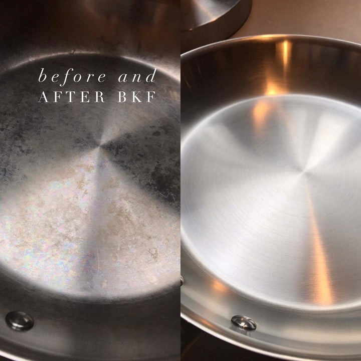 a photo set displaying a pan before and after being cleaned with the soft cleanser
