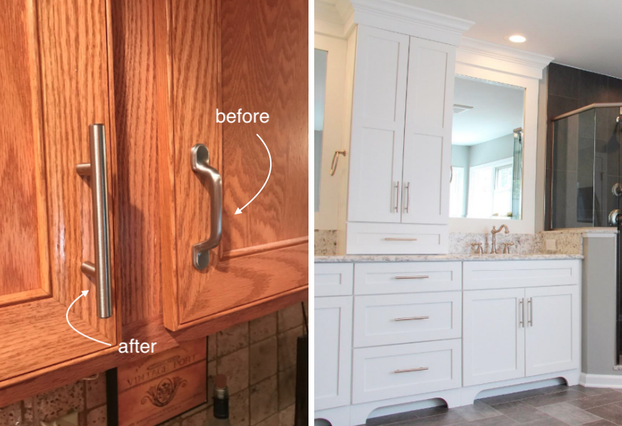 On the left: a double cabinet with the bar handle on the left door and the original handle on the right door. On the right: a master bathroom with white cabinets and drawers that all have the bar handles