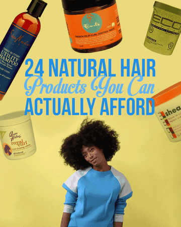 GIF of model with curly hair waving her hair back and forth under the text &quot;24 Natural Hair Products You Can Actually Afford&quot; overlaid with different hair products