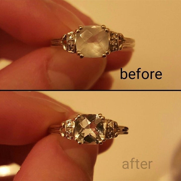 a photo set displaying a diamond ring before and after being cleaned