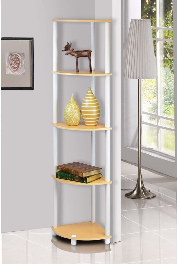 triangle-shaped shelf with rounded edge with five tan shelves and three white legs
