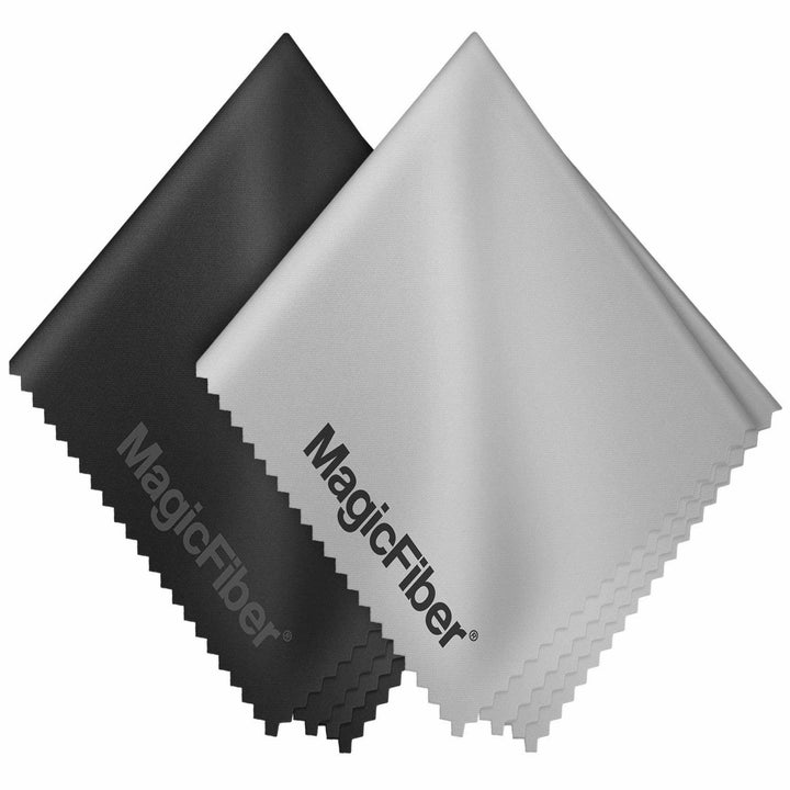 a black and grey set of microfiber cleaning cloths