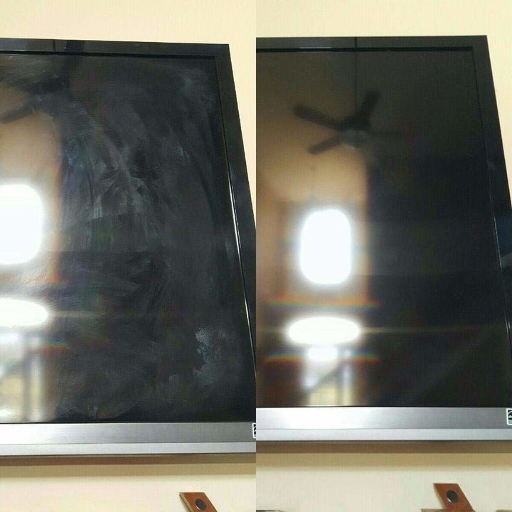 a photo set displaying a screen before and after being cleaned with the cloth
