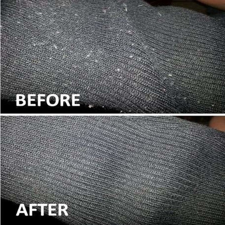 a before and after shot displaying a reviewer's sweater after being shaven