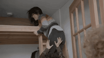 gif of Abbi Jacobson in the TV show &quot;Broad City&quot; being helped into a lofted bed