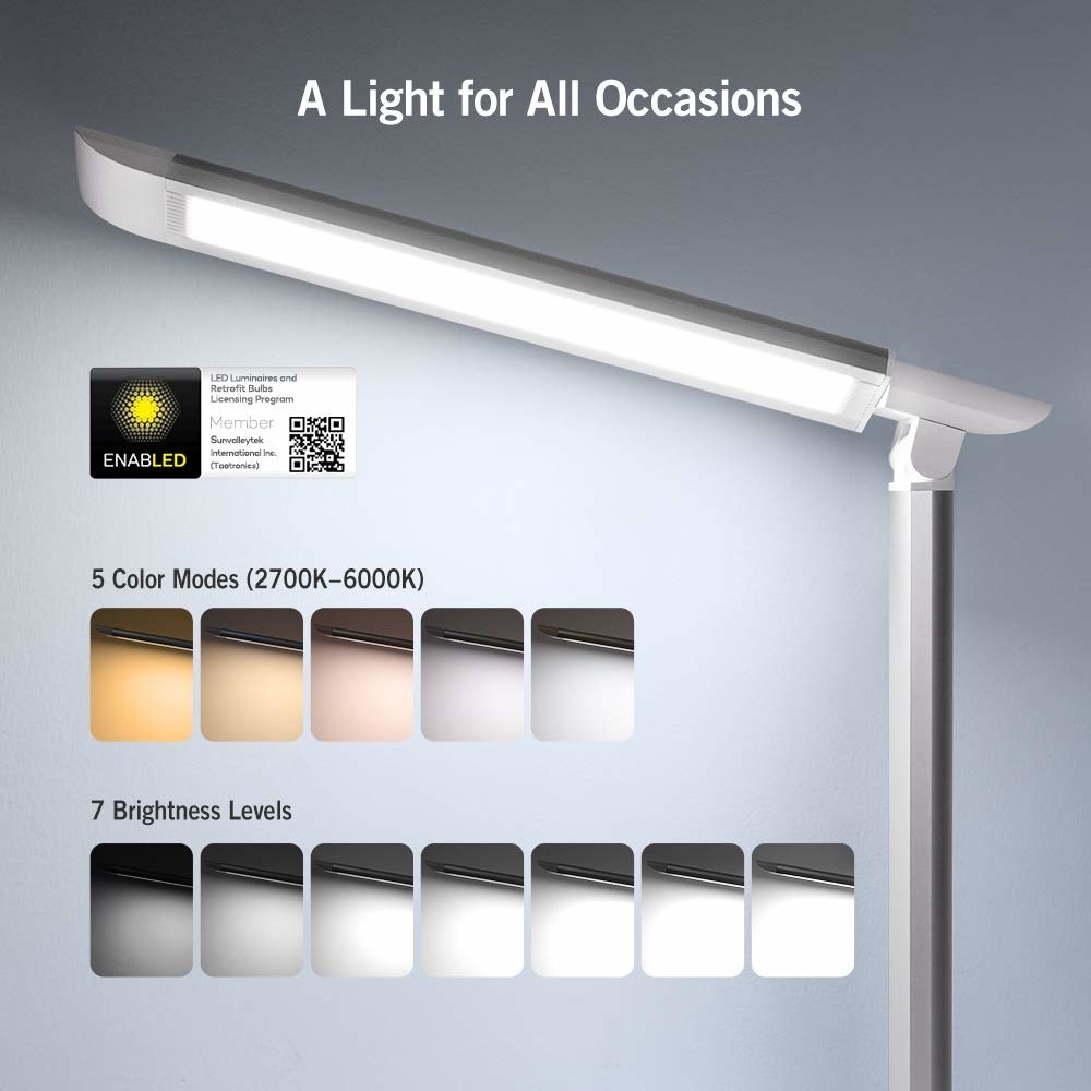 The lamp, with swatches showing the different color and brightness modes