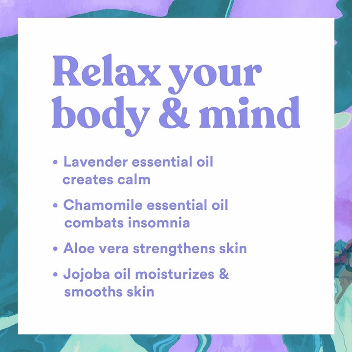 A graphic with info on the ingredients and what they do: "Lavender creates calm, chamomile combats insomnia, aloe vera strengthens skin, jojoba oil moisturizes and soothes skini"