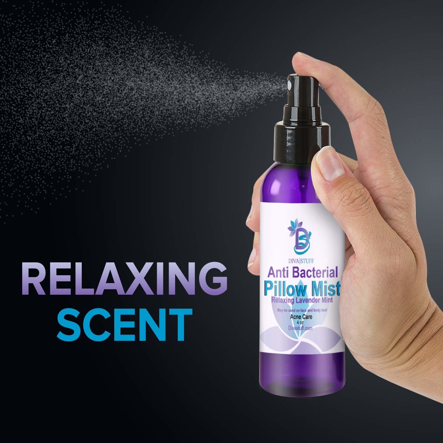 The spray bottle, with text touting its relaxing scent