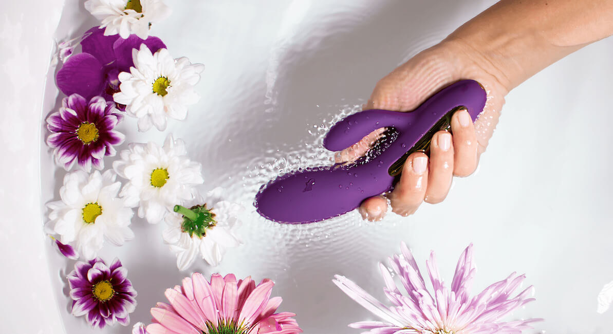 The purple vibrator, which has an external stimulator and is waterproof