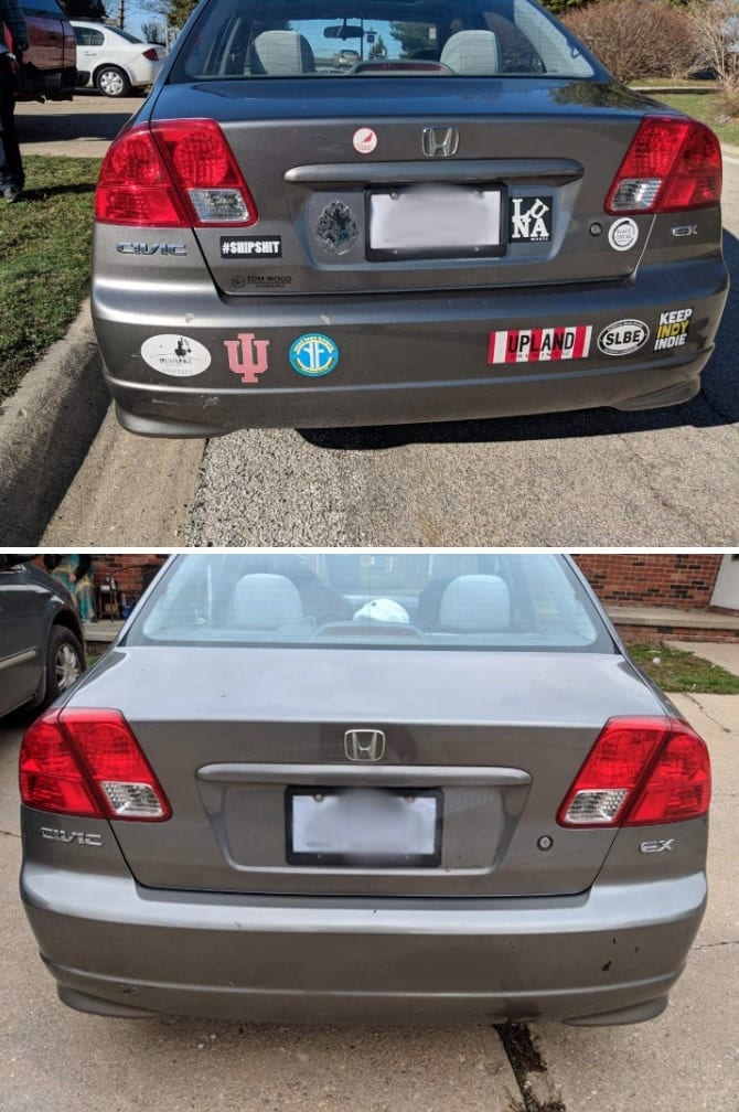 Reviewer before and after showing the tool removed 11 bumper stickers without leaving behind noticeable residue