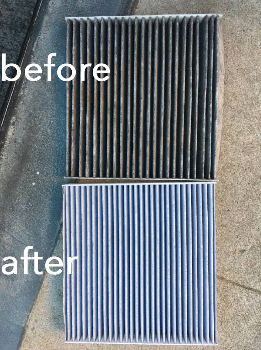 reviewer photo comparing their dirty, gray air filter and their new, white air filter