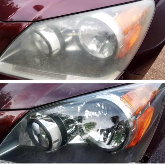 on top, red truck headlights with lots of cloudiness and oxidation. on bottom, same car headlights with crystal clear look after using the kit