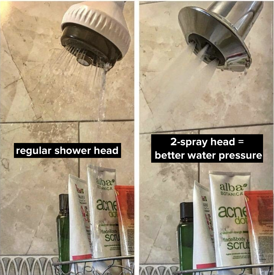 before/after of reviewer&#x27;s shower with noticeably stronger pressure coming out after installing 2-spray head